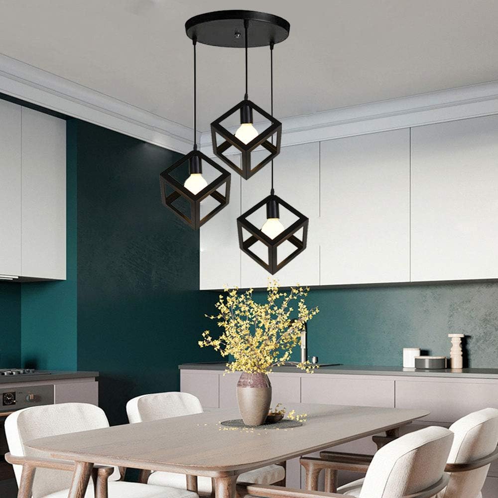 3-Light Cube Pendant Lamp – Modern Retro Chandelier for Bedroom. Living Room & Dining Room