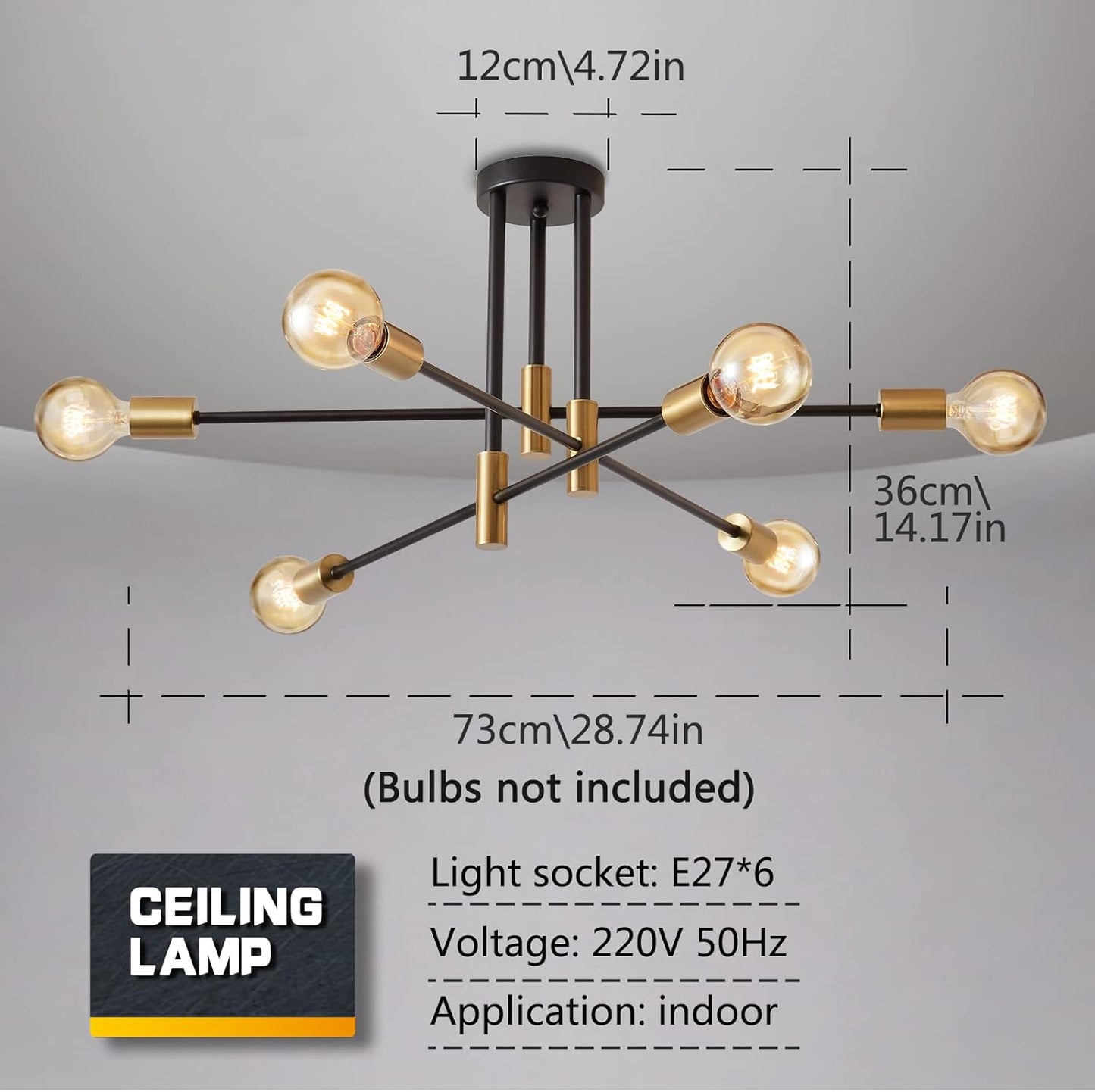 Black Gold Sputnik Chandelier 6 Lights E27 Ceiling Light Fixture