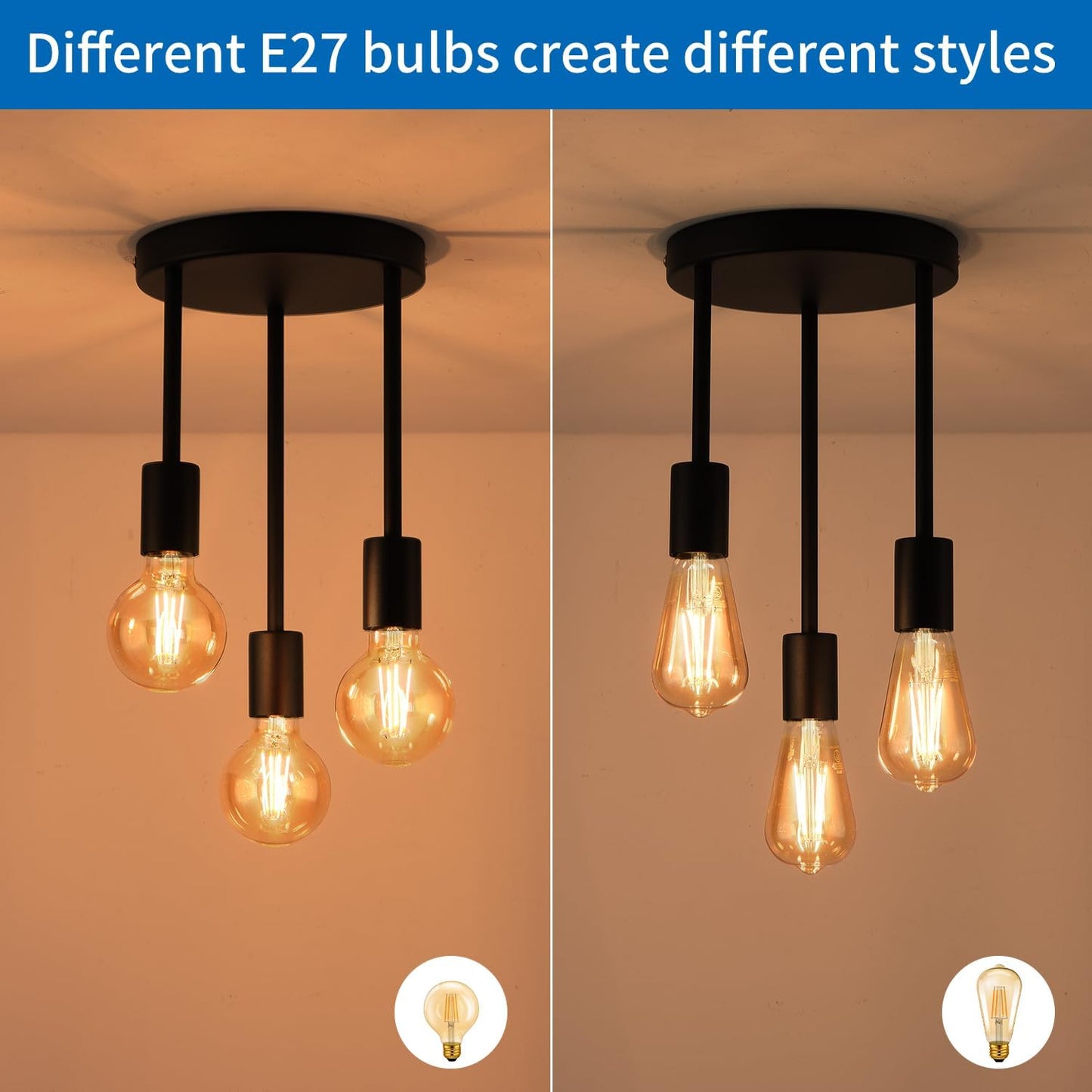 Ceiling Lights. Black 3 Way Ceiling Spotlight Fitting. Modern Kitchen Ceiling Light Fixture for Dining Room. Living Room. Bedroom (No Bulbs)