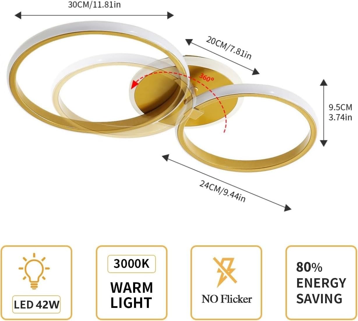 Modern LED Ceiling Lamp. 42W 4700LM Gold Round Chandelier Ceiling Light for Living Room. Bedroom. Dining Room. Office (3000K Warm White)