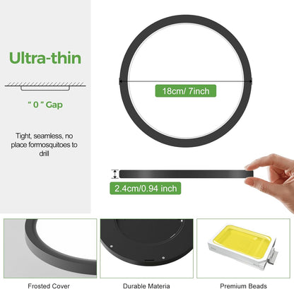 15W 1800LM LED Ceiling Light. Ultra Thin 18cm Round Black Flush Mount Lamp IP44 Waterproof. 3000K/4000K/6500K for Bathroom. Bedroom. Kitchen. Living Room. Toilet. Utility Room