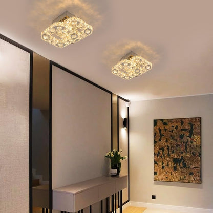 Crystal LED Ceiling Light Fixture. Square Flush Mount 3-Color Chandelier for Bedroom. Kitchen. Hallway