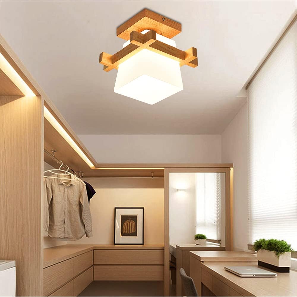 Wood Ceiling Light. Simple Japanese Tatami Style E27 Wooden Lamp with Glass Shade. Modern Ceiling Light Fixture for Hallway. Porch. Balcony. and Bedroom