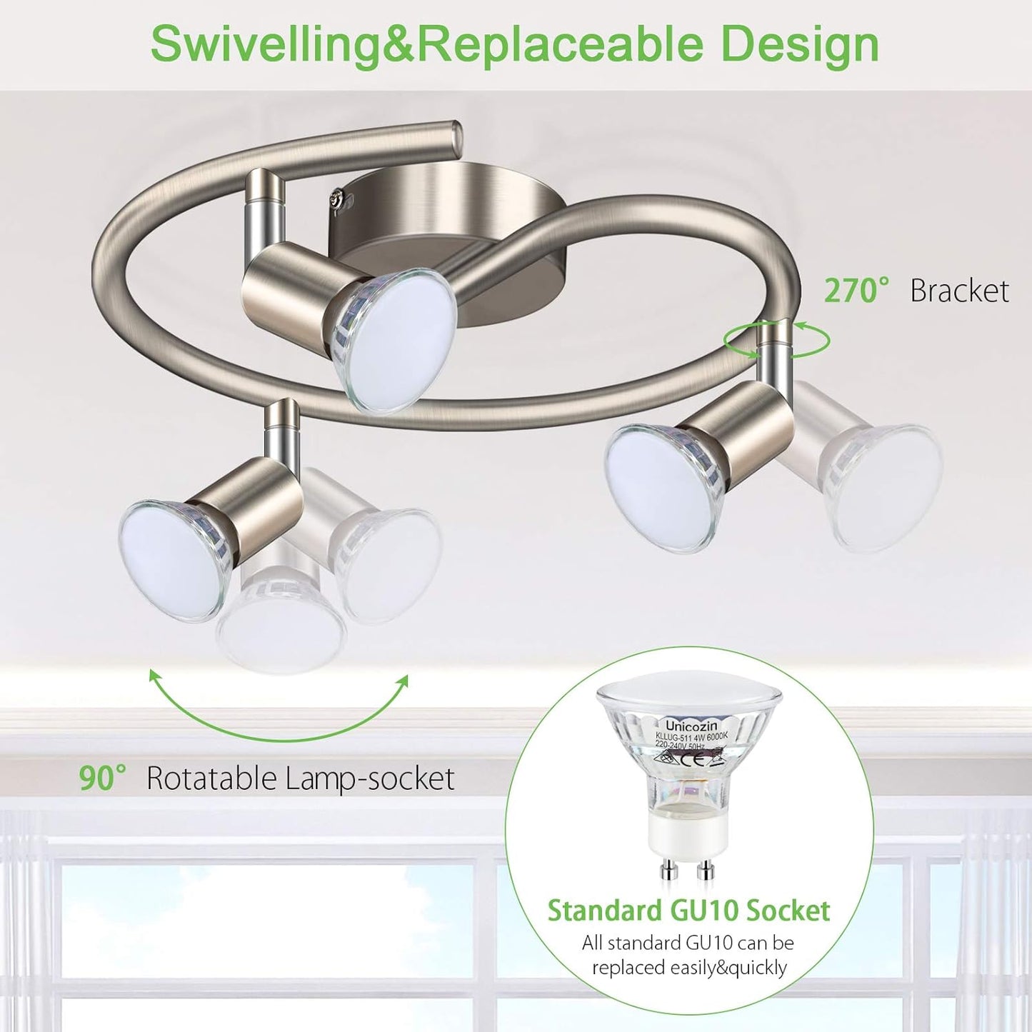 3-Way Rotatable LED Ceiling Spotlight – Matt Nickel with GU10 Bulbs