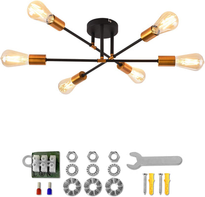 6 Light Gold & Black Sputnik Ceiling Light – Adjustable Chandelier with E27 Base for Living Room. Bedroom & Kitchen (No Bulbs)