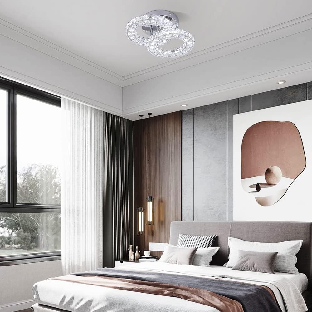 Crystal LED Ceiling Light Fixture. Modern 2-Ring Flush Mount Chandelier