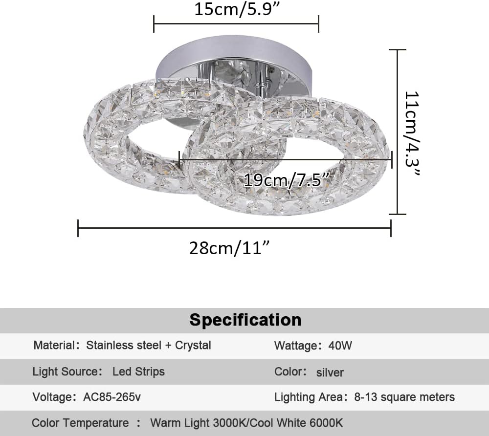 Crystal LED Ceiling Light Fixture. Modern 2-Ring Flush Mount Chandelier