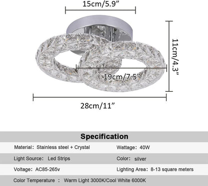 Crystal LED Ceiling Light Fixture. Modern 2-Ring Flush Mount Chandelier