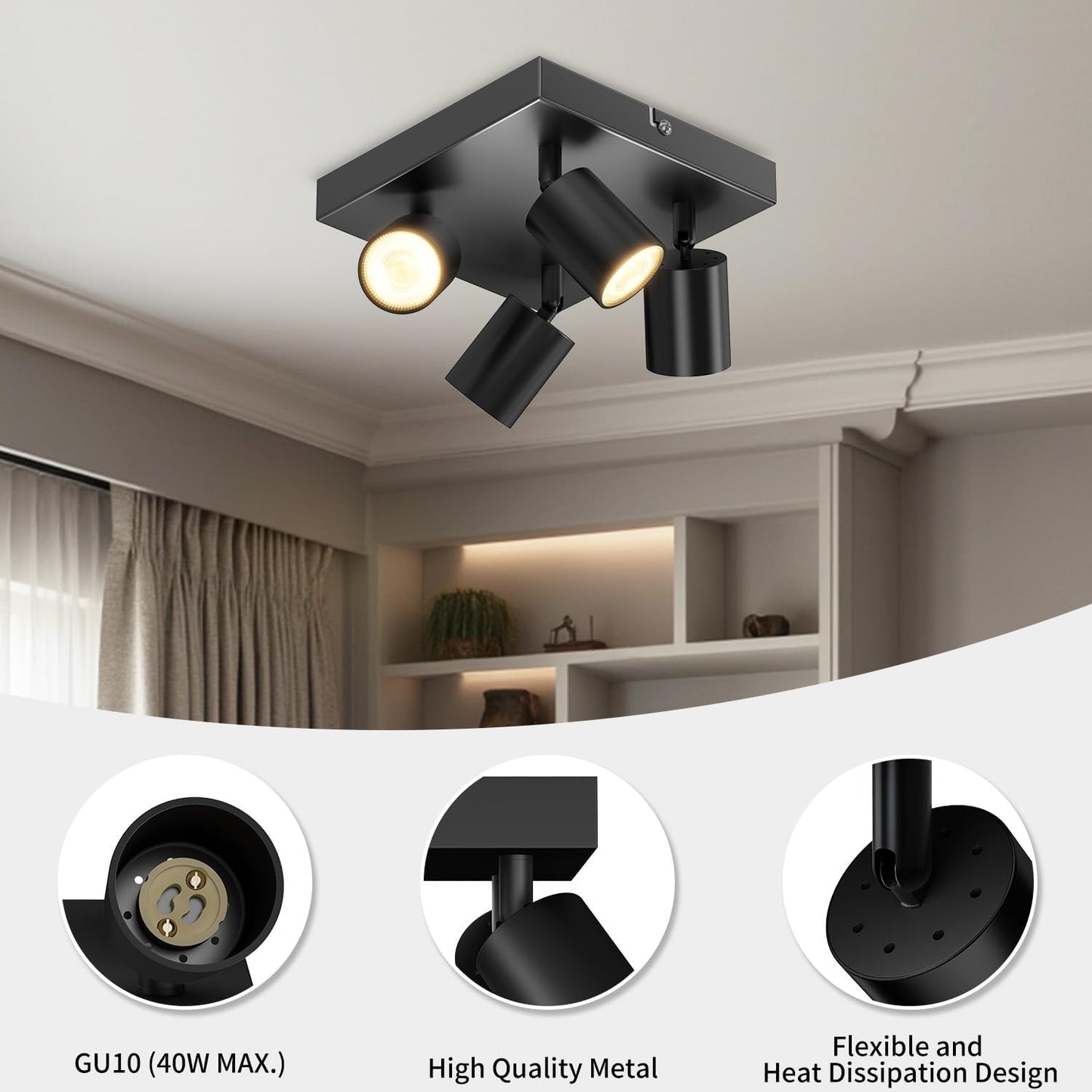 Black Square GU10 Ceiling Light – 4 Way Adjustable Spotlight Fitting for Kitchen. Bedroom. Lounge. Dining Room (Bulb Not Included)
