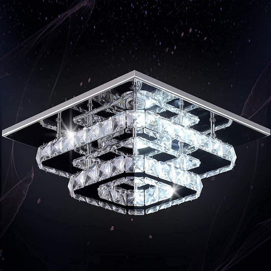 Crystal LED Ceiling Light. Modern Square Flush Mount Chandelier with K9 Crystal and Stainless Steel Frame. Multicolor Ceiling Lamp for Living Room. Dining Room. Bedroom