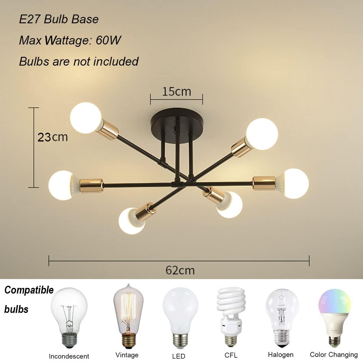 Modern Sputnik Chandelier 6 Lights Semi Flush Mount Ceiling Fixture