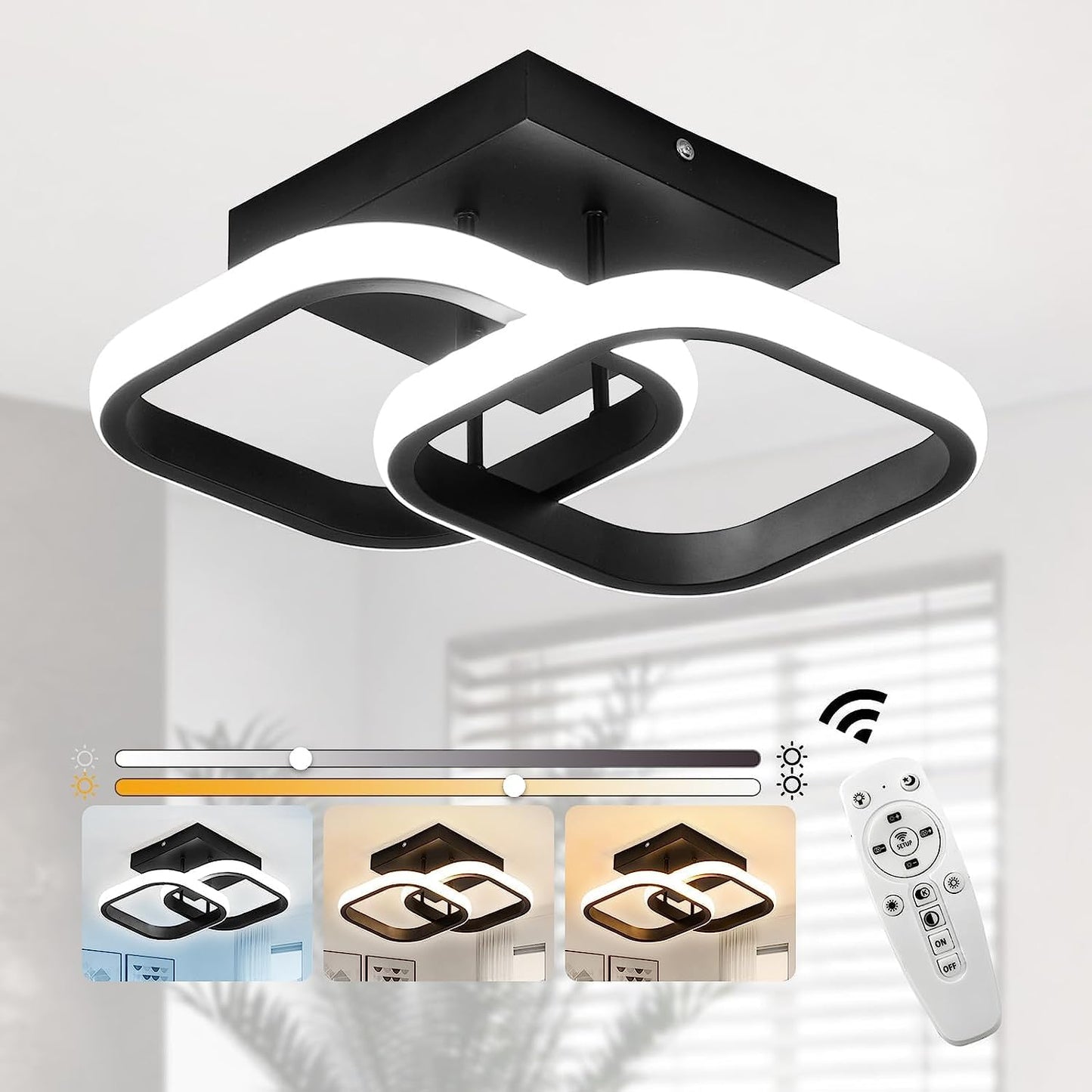 Dimmable LED Ceiling Light Square 22W Black Lamp with Remote Control
