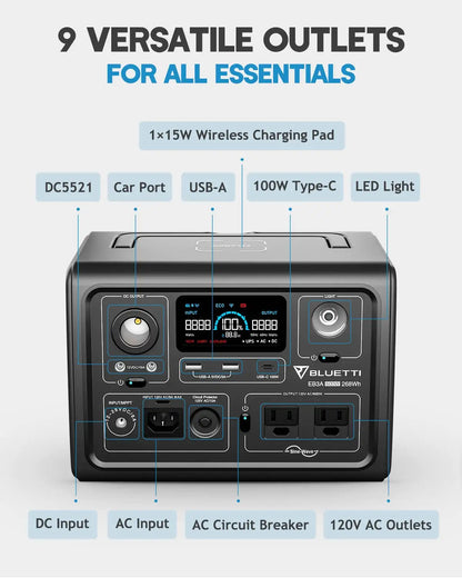 BLUETTI EB3A Portable Power Station - 268Wh LiFePO4 Battery Backup w/ 2 600W (1200W Surge) AC Outlets. Recharge from 0-80% in 30 Min.. Solar Generator for Outdoor Camping | Best Solar