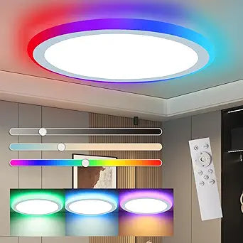 Modern Ultra-Thin 13 LED Ceiling Light. Dimmable RGB with Remote. 30W Flush Mount. 3000-6500K Sidelight Glow