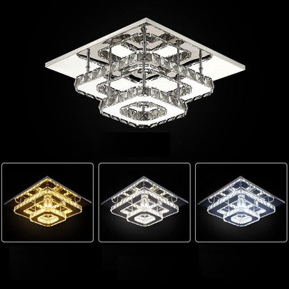 Crystal LED Ceiling Light. Modern Square Flush Mount Chandelier with K9 Crystal and Stainless Steel Frame. Multicolor Ceiling Lamp for Living Room. Dining Room. Bedroom