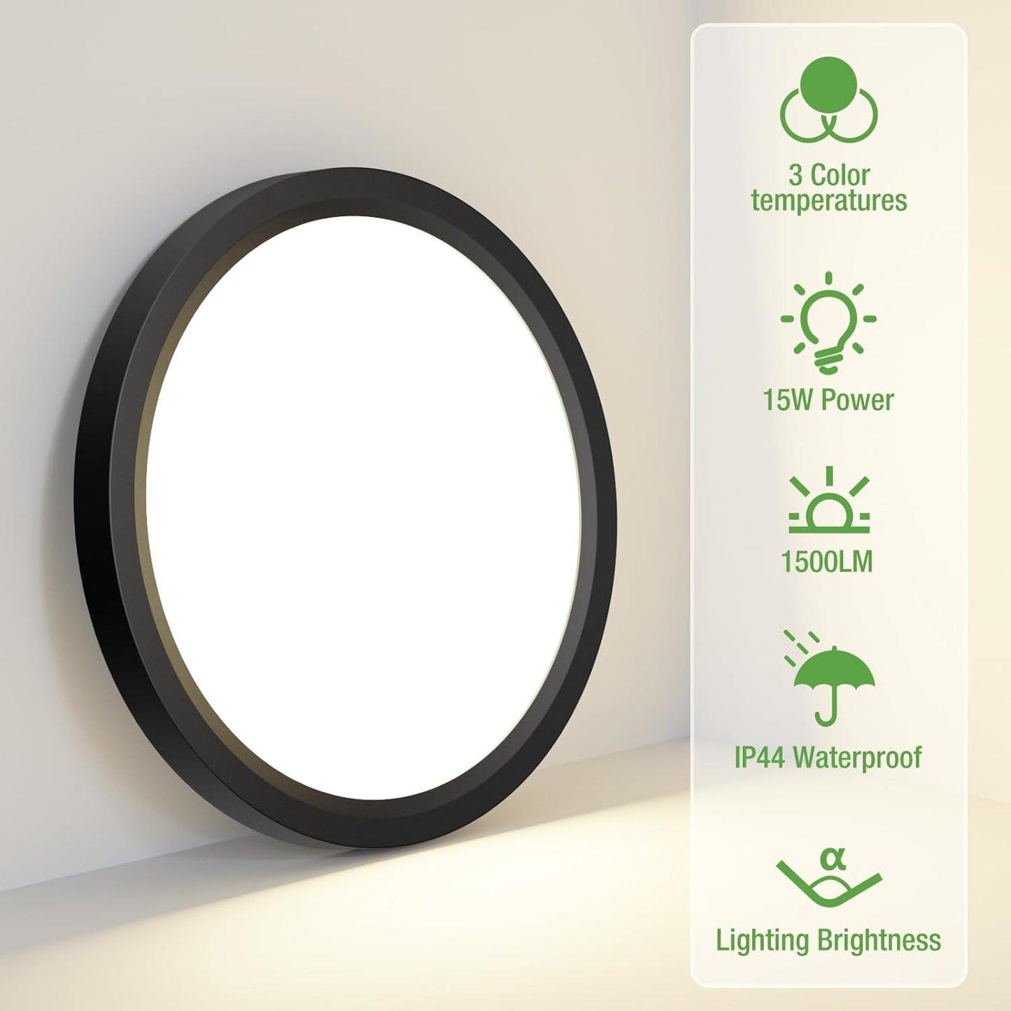 15W 1800LM LED Ceiling Light. Ultra Thin 18cm Round Black Flush Mount Lamp IP44 Waterproof. 3000K/4000K/6500K for Bathroom. Bedroom. Kitchen. Living Room. Toilet. Utility Room