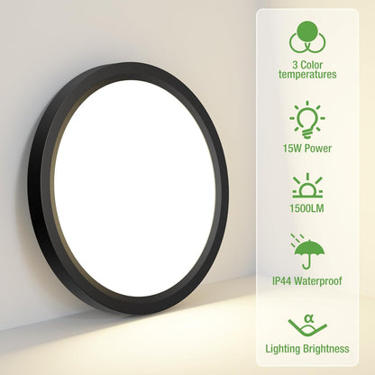 15W 1800LM LED Ceiling Light. Ultra Thin 18cm Round Black Flush Mount Lamp IP44 Waterproof. 3000K/4000K/6500K for Bathroom. Bedroom. Kitchen. Living Room. Toilet. Utility Room