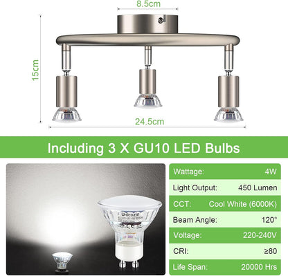 3-Way Rotatable LED Ceiling Spotlight – Matt Nickel with GU10 Bulbs