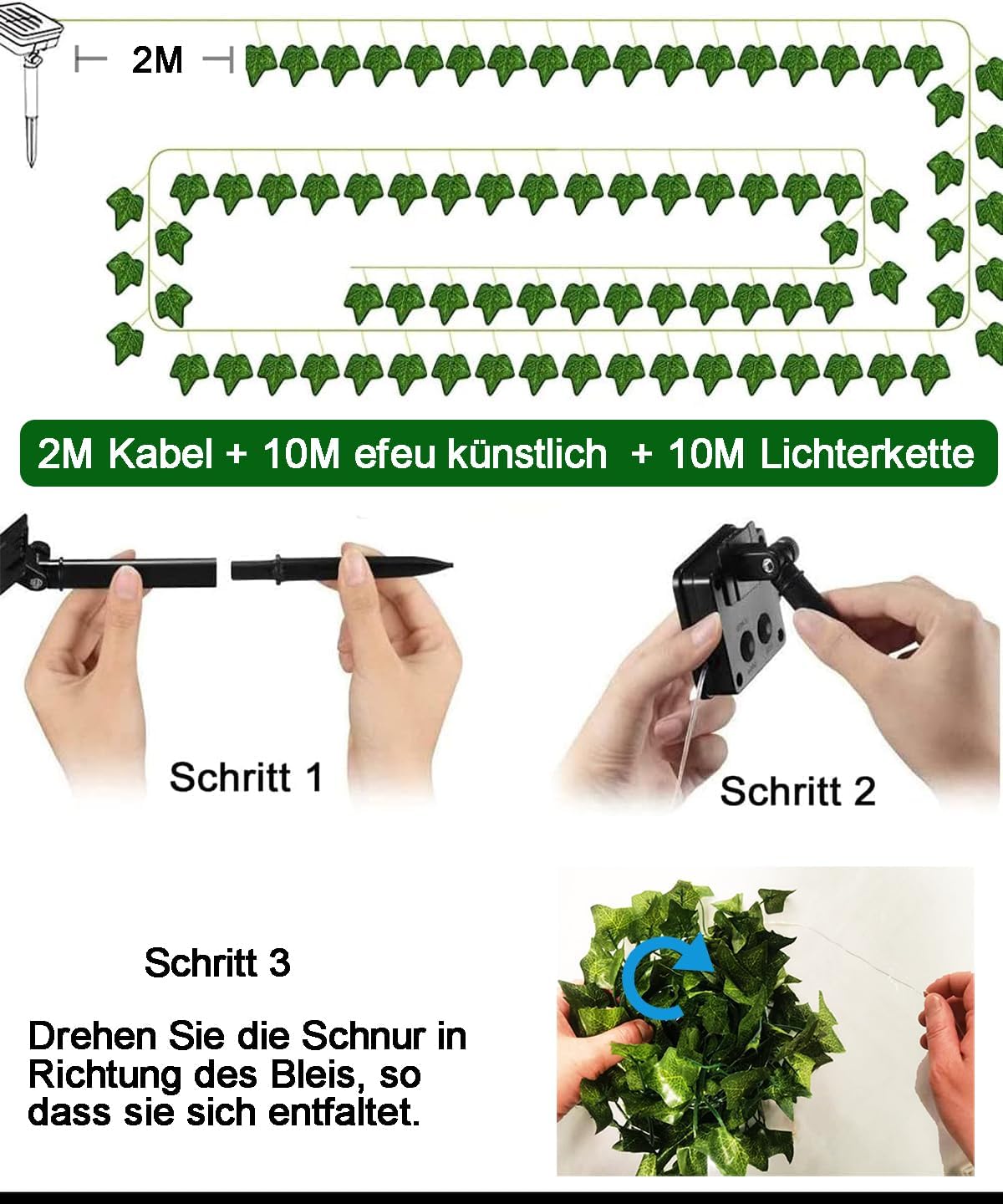 Solar String Lights 10M 100 LED Ivy Garland – Solar Powered. 8 Modes. Waterproof