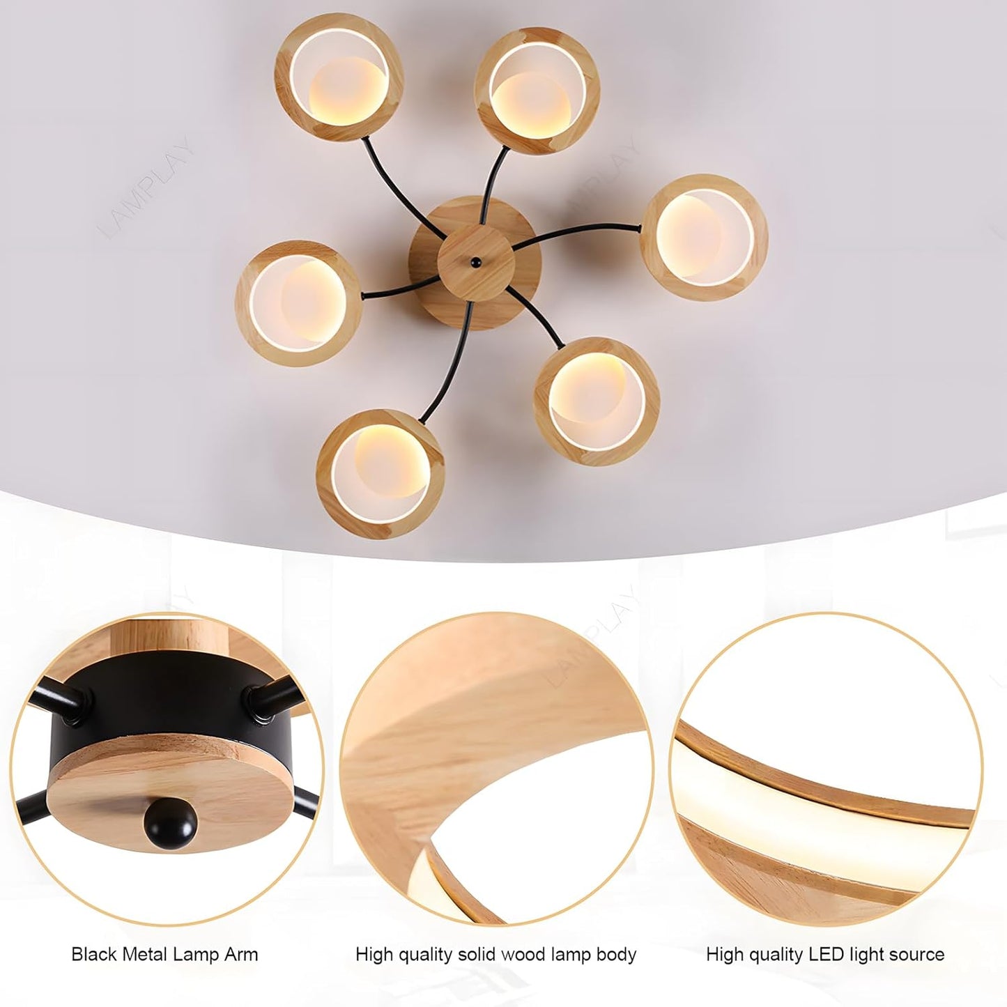 94cm LED Wooden Ceiling Light – Dimmable with Remote. Flower Design