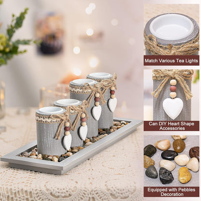 Set of 4 Wooden Tealight Candle Holders with Tray