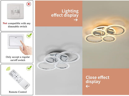 Modern 4-Ring LED Ceiling Light 58W Dimmable with Remote
