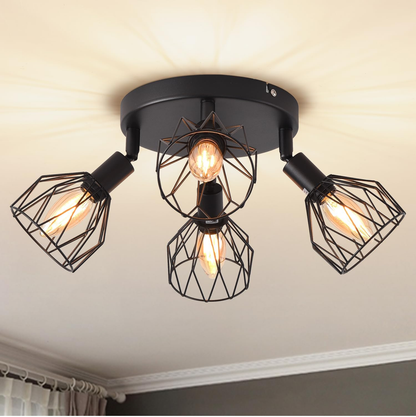 Kitchen Lights Ceiling.4 Way Black Lounge Industrial Wall Lights-Adjustable SpotLights Ceiling Lights Wire Cage with E14 Base. Light Fittings Ceilings
