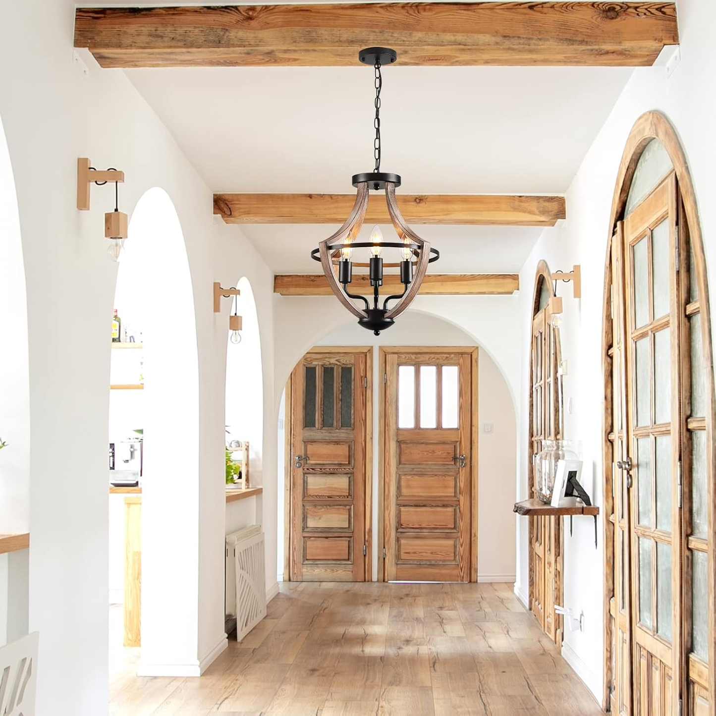 4-Light Farmhouse Chandelier – Retro Flush Mount Ceiling Light Fixture with Wood Grain Finish & Black Metal for Hallway. Dining Room & Bedroom