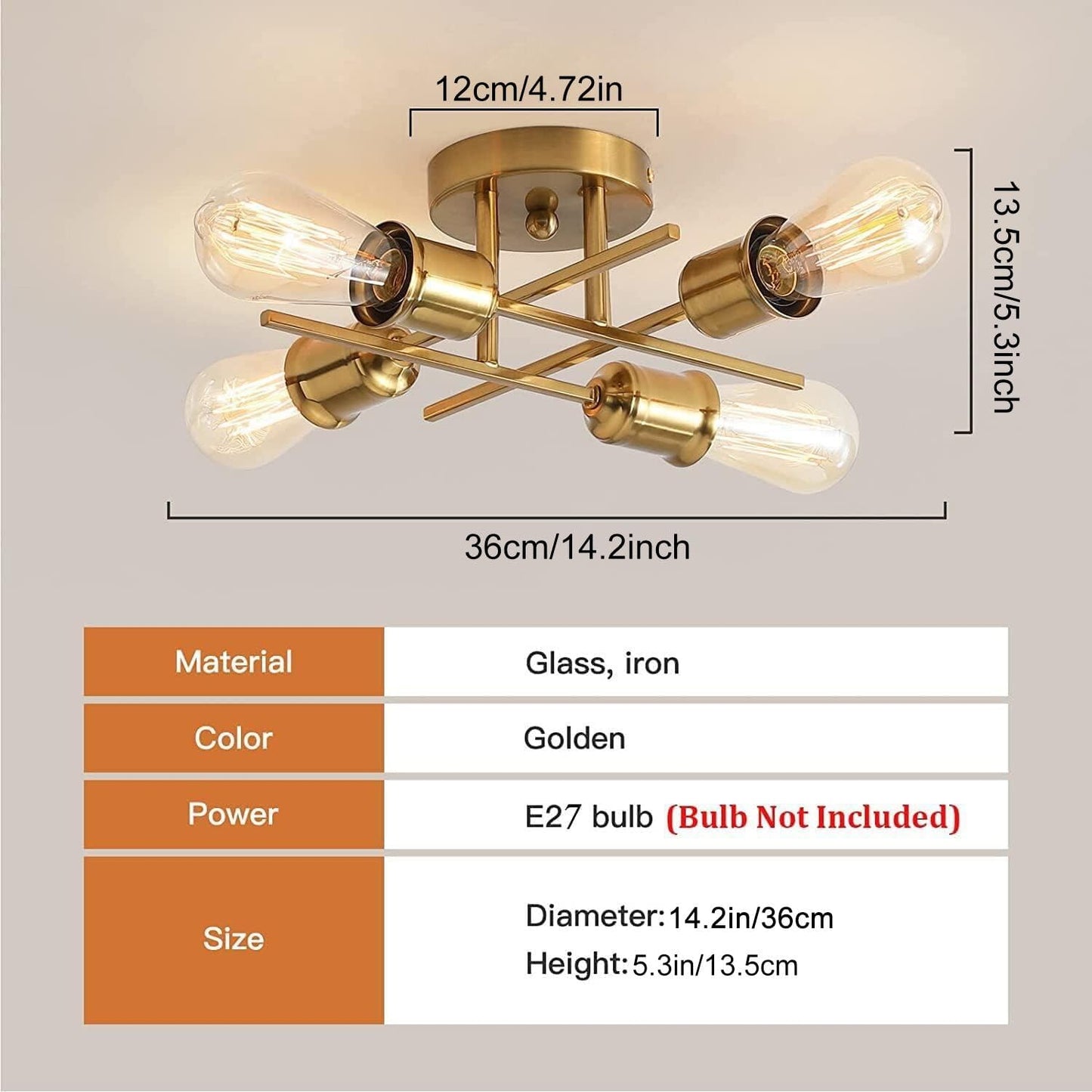 Gold 4-Light Semi Flush Ceiling Light. E27 Base