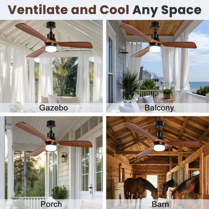 Solar Ceiling Fan Outdoor Fan with Light & Battery. 52 Solar Ceiling Fans for Outside 3 Speeds. Quiet Wood Walnut Fan with Adjustable Thermostat for Gazebo. Patios
