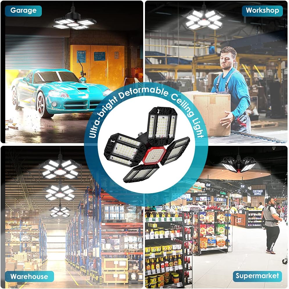 200W LED Garage Light 1 Pack - 20000LM 6500K Deformable Ceiling Lighting Fixture with 12 Adjustable Panels - E26/E27 Bay Light for Basement