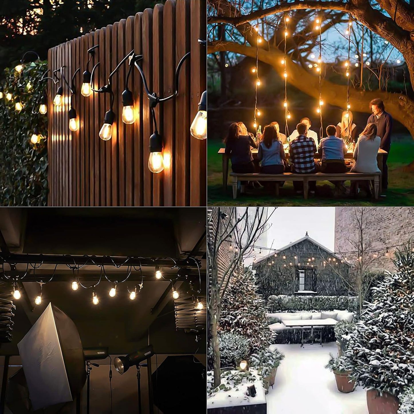 48FT Outdoor LED String Lights. S14 Festoon Lights with 15 E27 Sockets. IP65 Waterproof. 2700K Warm White for Garden. Patio. Party