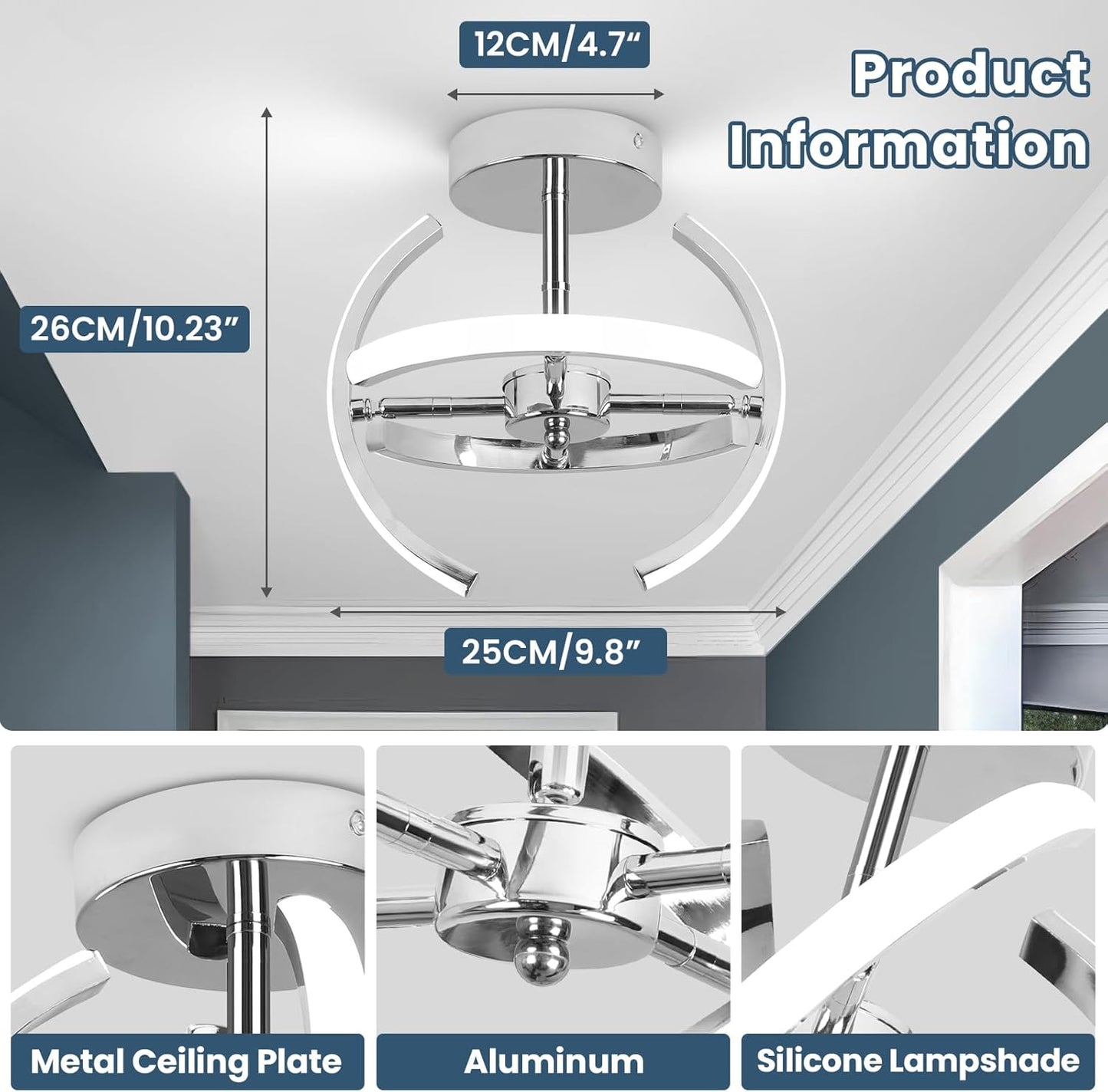 Curved LED Ceiling Light – 22W Cool White. Silver