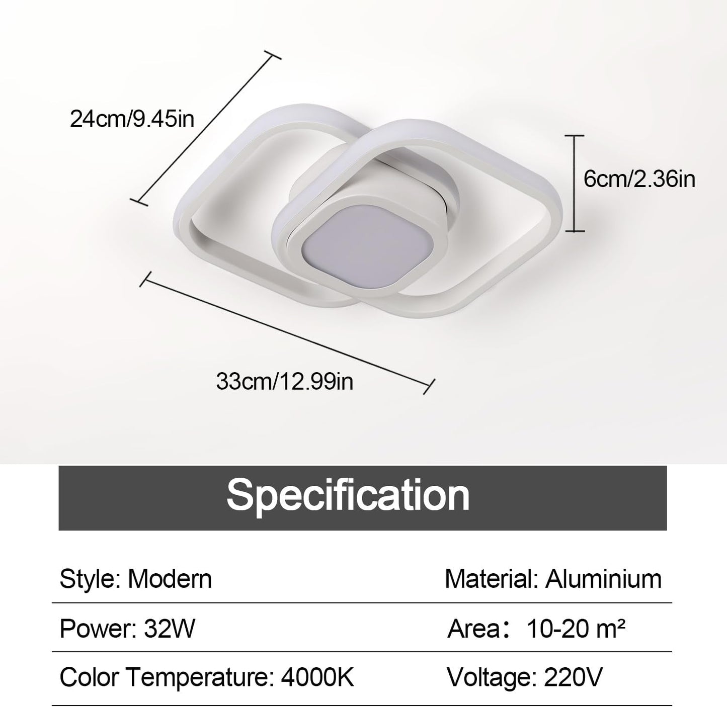 32W LED Ceiling Light. 4000K Neutral White. Modern Double Square Aluminum Ceiling Light
