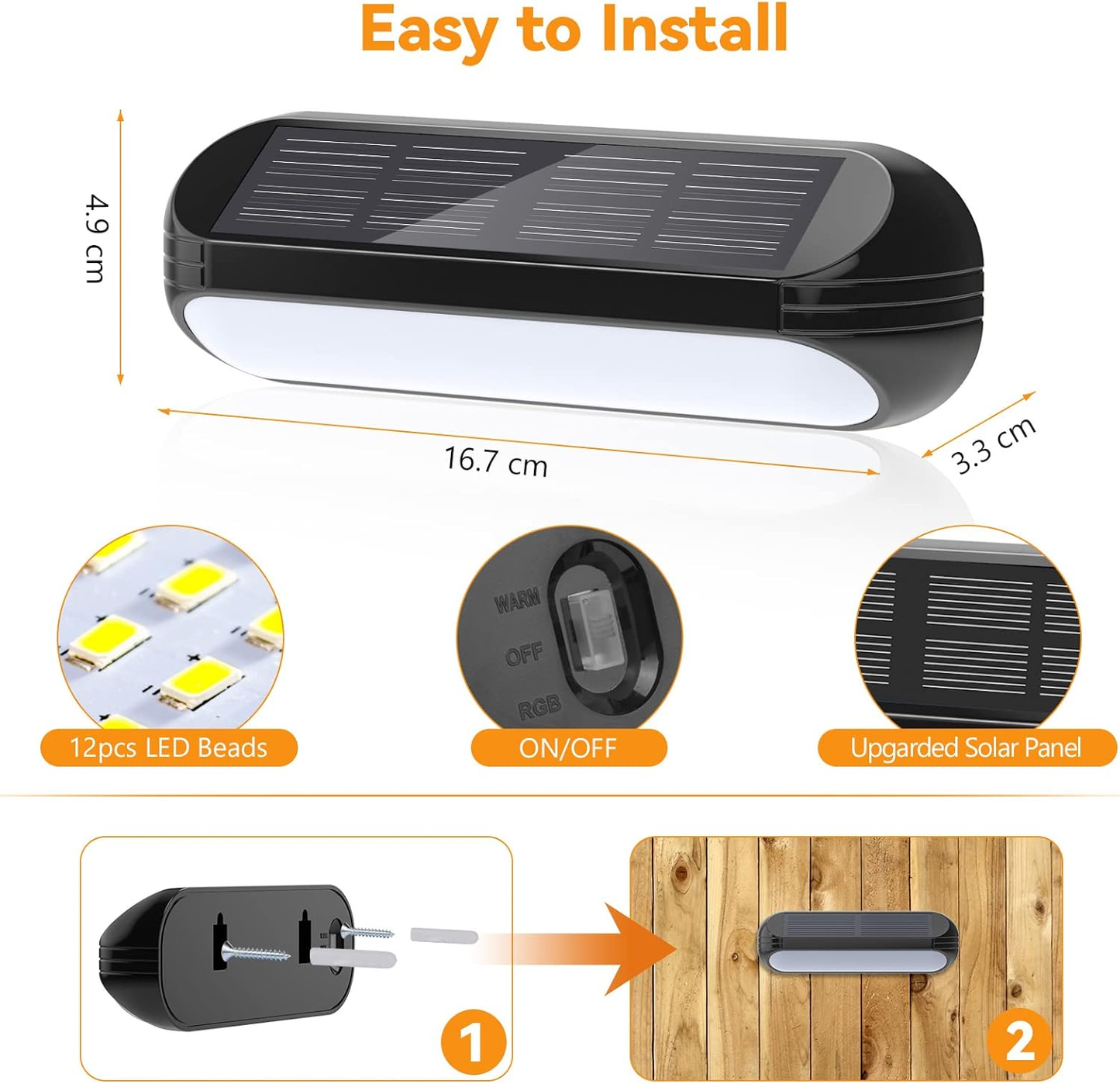 4 Pack Solar Fence Lights – Outdoor Waterproof LED Lights with Warm White & Color-Changing Modes for Deck. Yard & Pathway