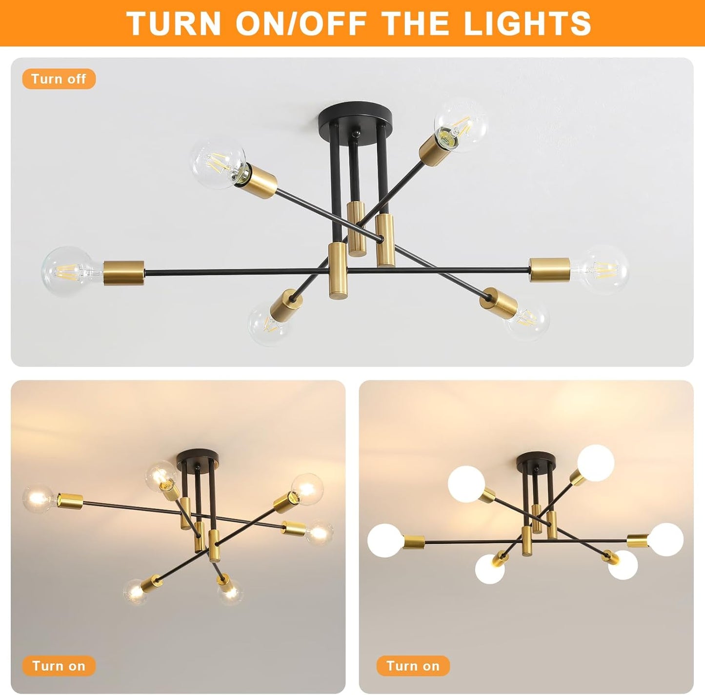 Sputnik Chandelier Ceiling Light 6-Light Black Gold Vintage
