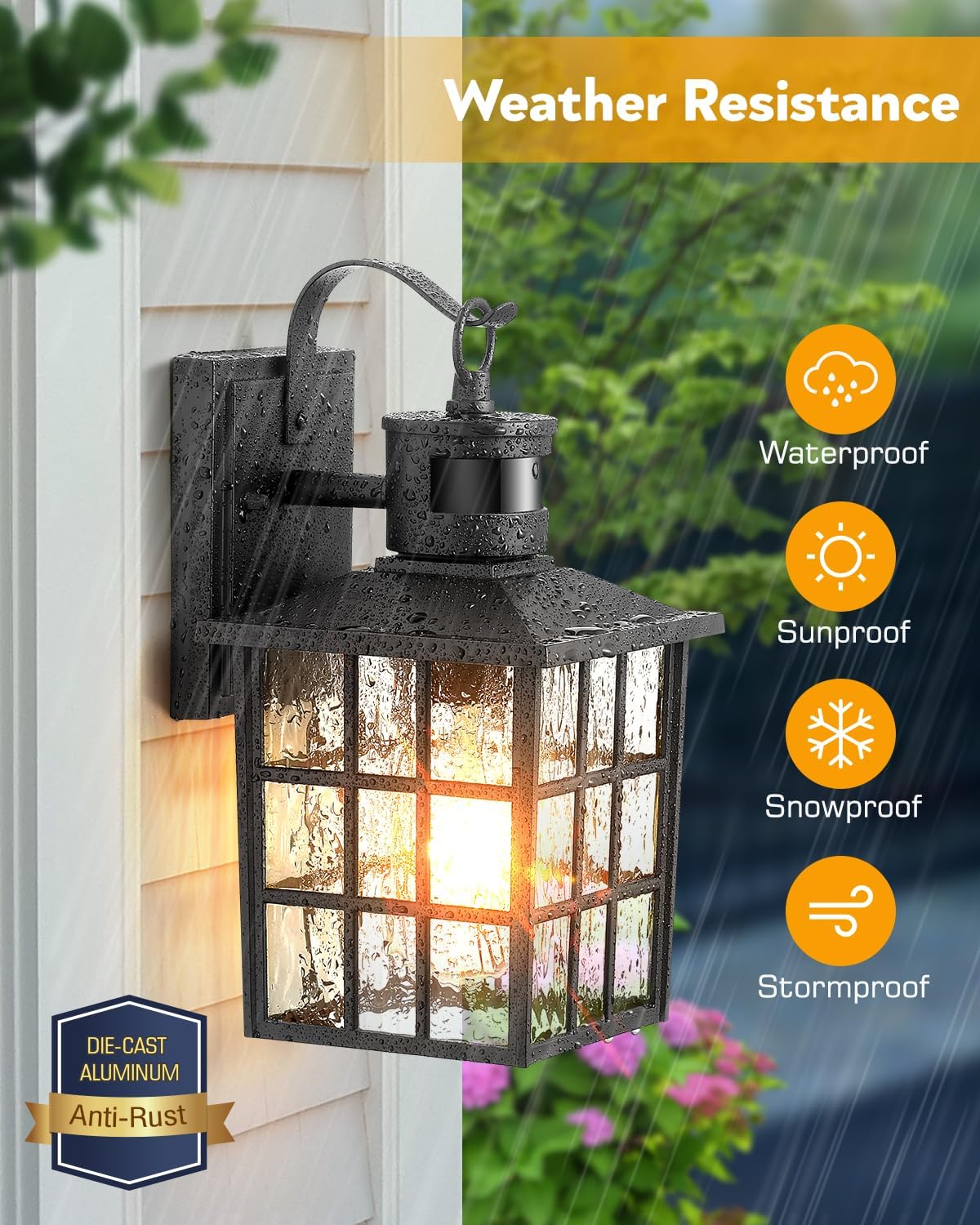 Outdoor Wall Lantern with Motion Sensor. Dusk-to-Dawn Black