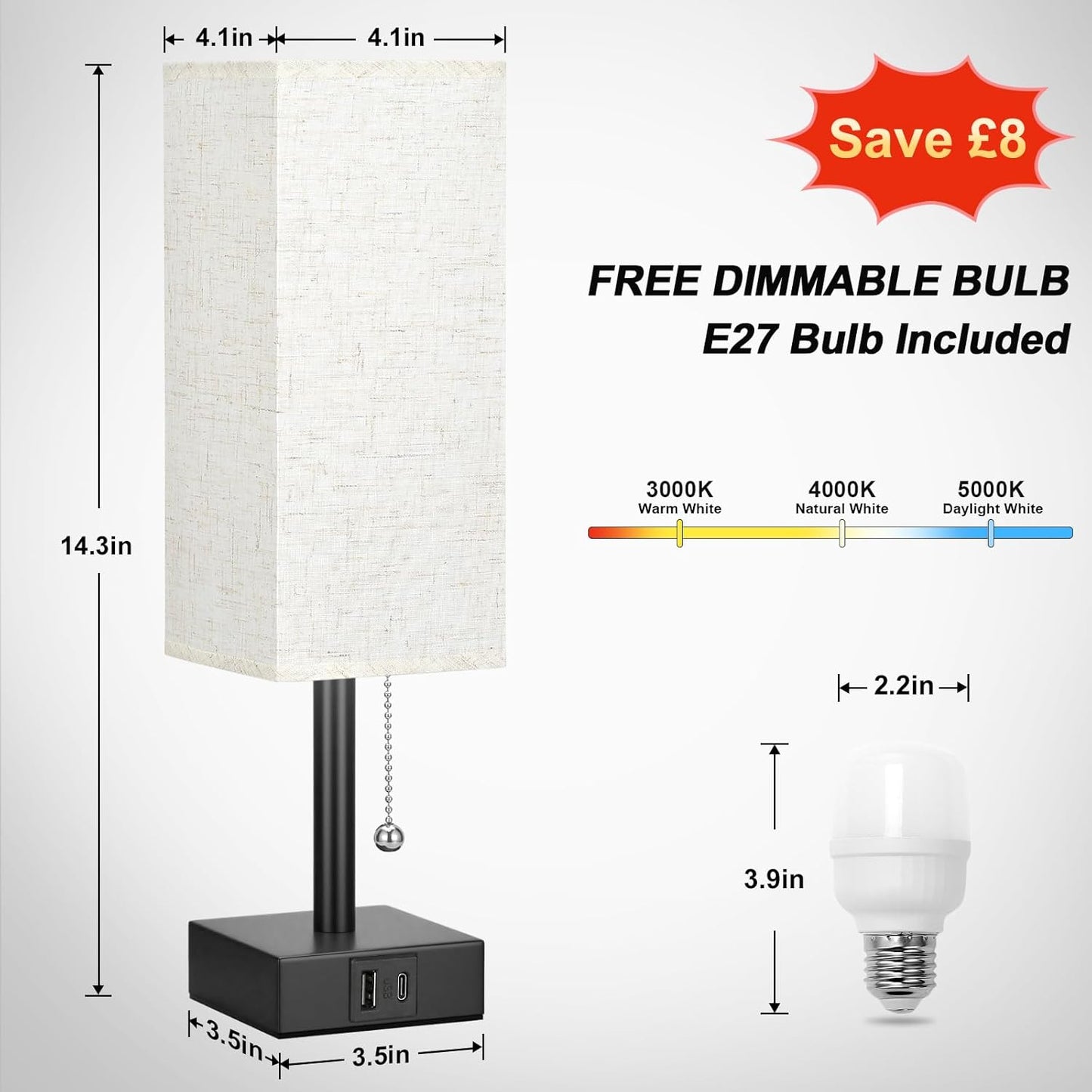 USB Bedside Table Lamp with 3 Color Modes & Pull Chain