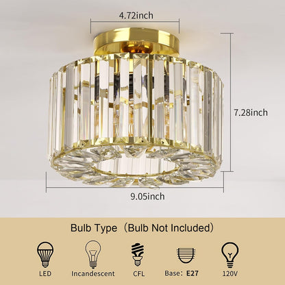 Gold Crystal Semi Flush Mount Ceiling Light. Modern Industrial Fixture