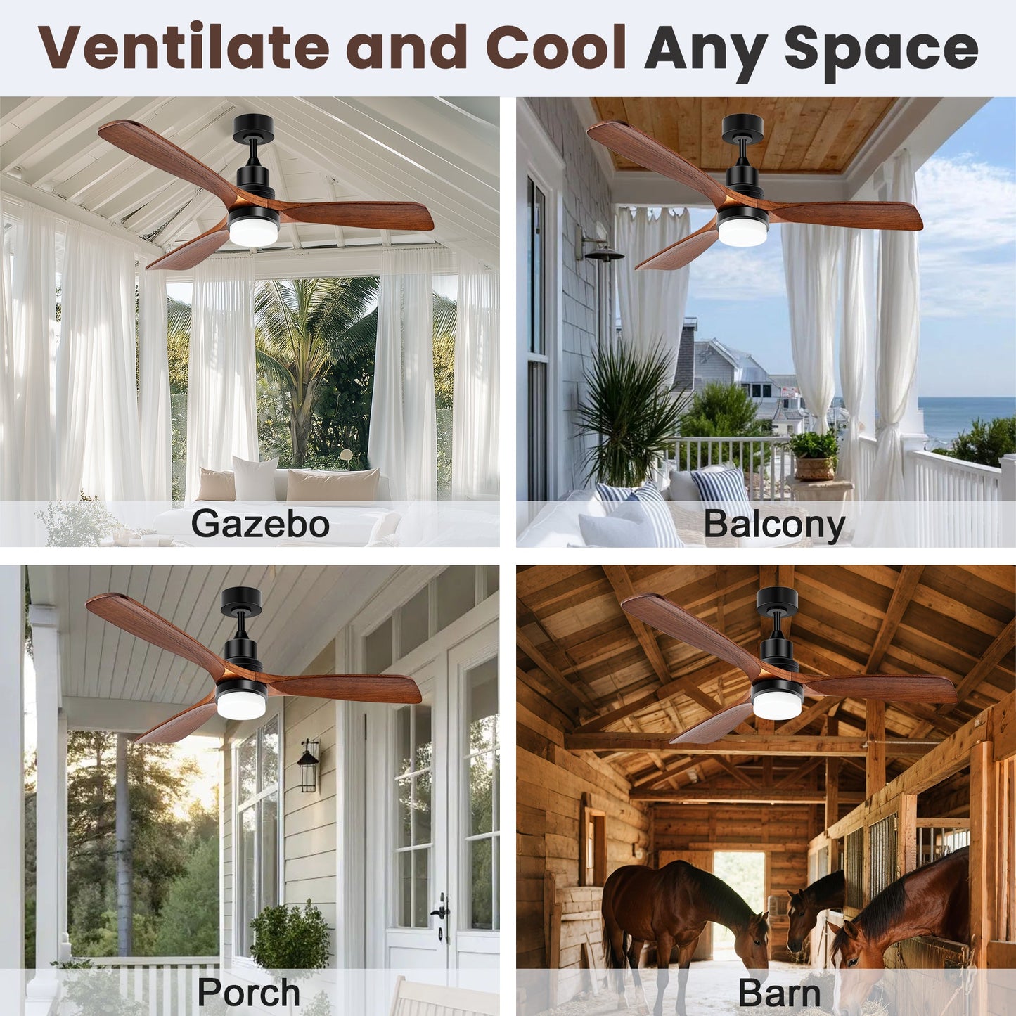 Solar Ceiling Fan for Outside 3 Speeds. Outdoor Ceiling Fans with Light & Battery. Quiet Wood Walnut Fan with Adjustable Thermostat for Gazebo. Patios (42inch)