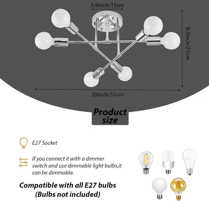6-Light Silver Flush Mount Ceiling Chandelier – Modern Indoor Fixture