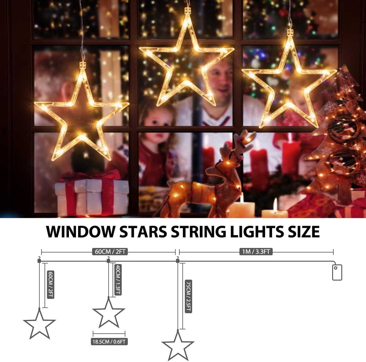 Christmas Window Star Lights. 30 LEDs Battery String Lights with Timer
