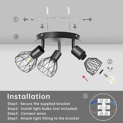 Spot Light Fittings for Ceilings Adjustable Metal Wire Cage Kitchen Spotlight Ceiling Lights with E14 Base Black 3 Way Ceiling Light Industrial