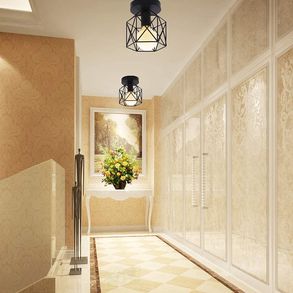 Modern Black Wire Frame Ceiling Light - Semi-Flush Mount Design for Living Room. E27 LED Bulb Fixture. Pack of 2