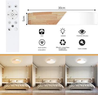 Wooden LED Ceiling Light. Dimmable Modern Fixture with Remote