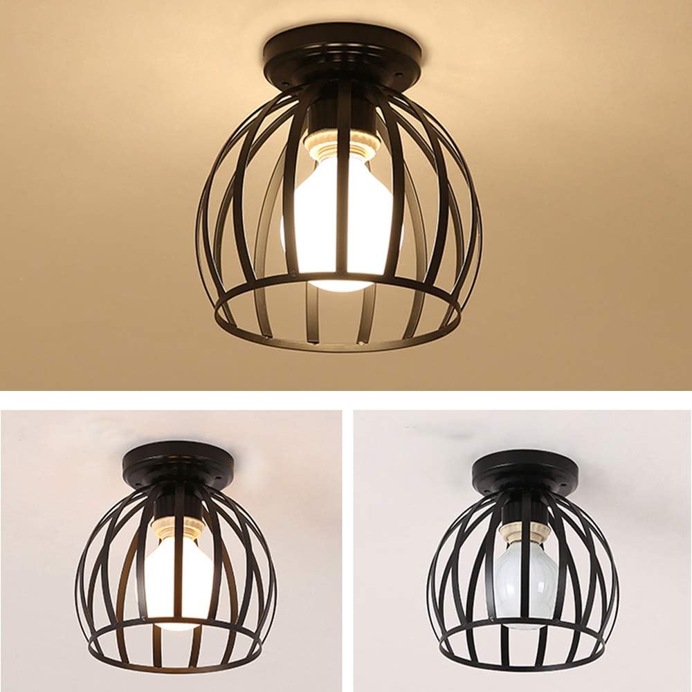 Vintage Semi Flush Ceiling Light – Black Metal Cage Fixture with E27 Holder for Living Room. Kitchen. Bedroom. or Hallway