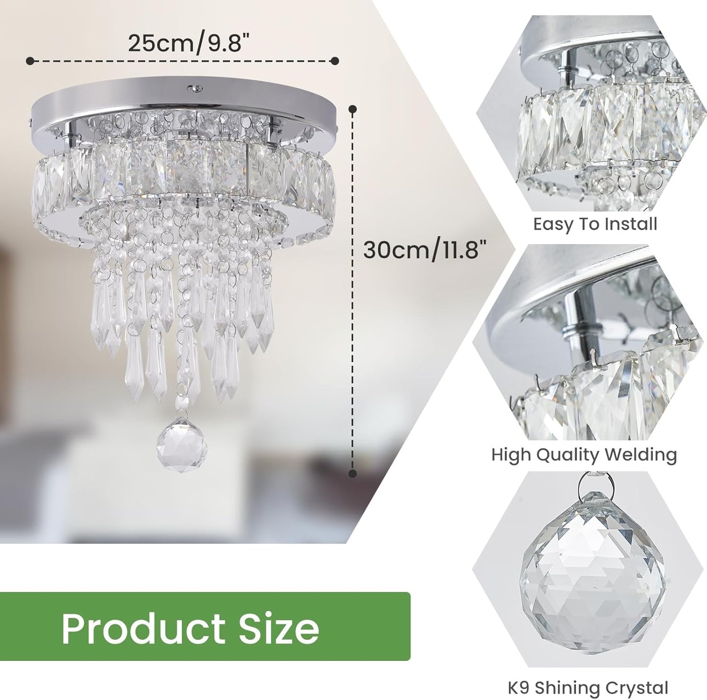 Modern Crystal Ceiling Chandelier 9.8 LED Flush Mount Dimmable Light