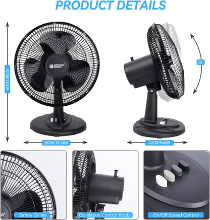 Black Grille 12 Oscillating Table Fan with Adjustable Speed Setting