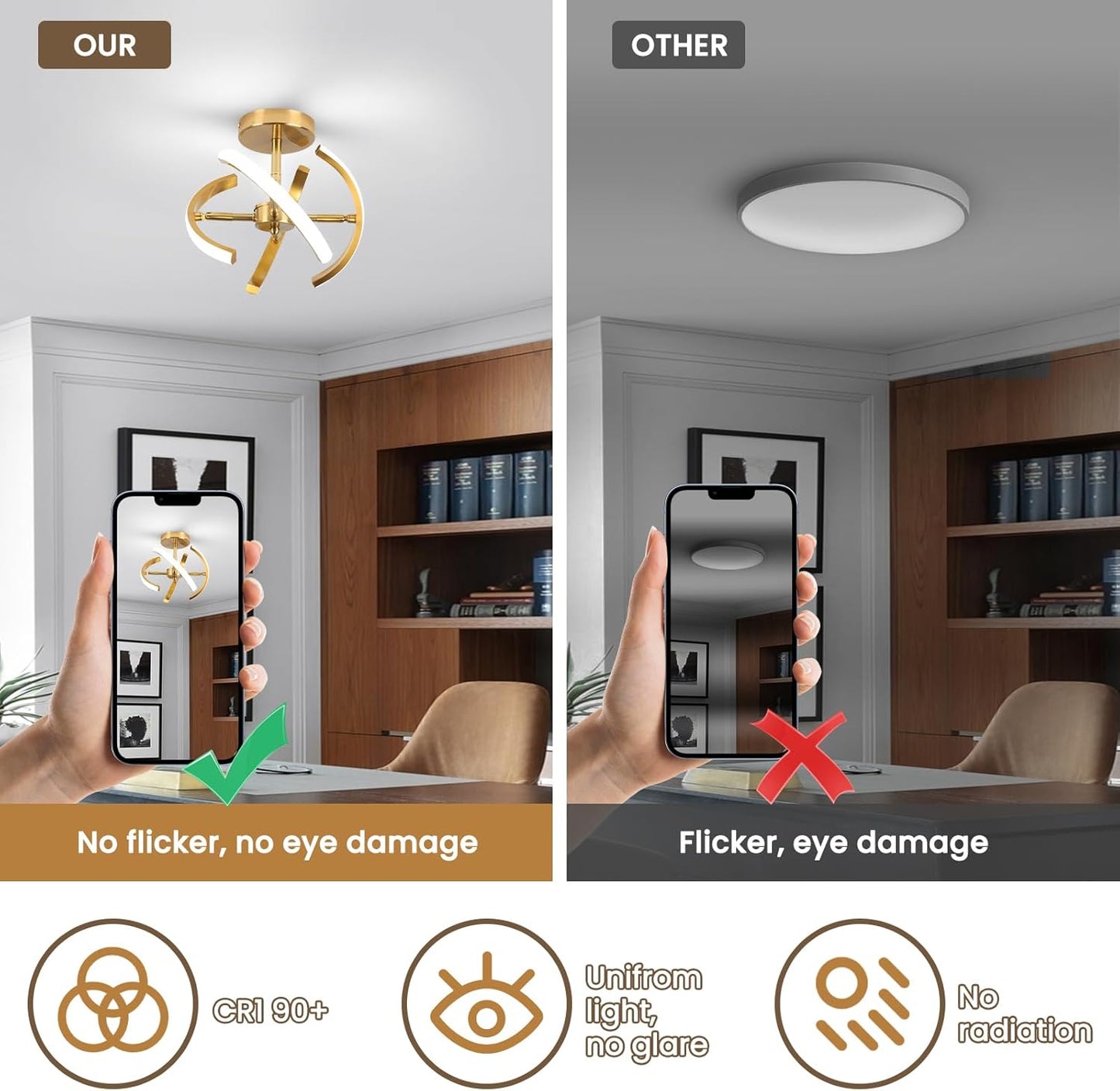 LED Ceiling Light. Elegant Gold Curved Design with 4 Strips. 22W Modern Ceiling Fixture for Hallway. Office. Bedroom. Kitchen. Living Room. Dining Room (Cool White 6000K)