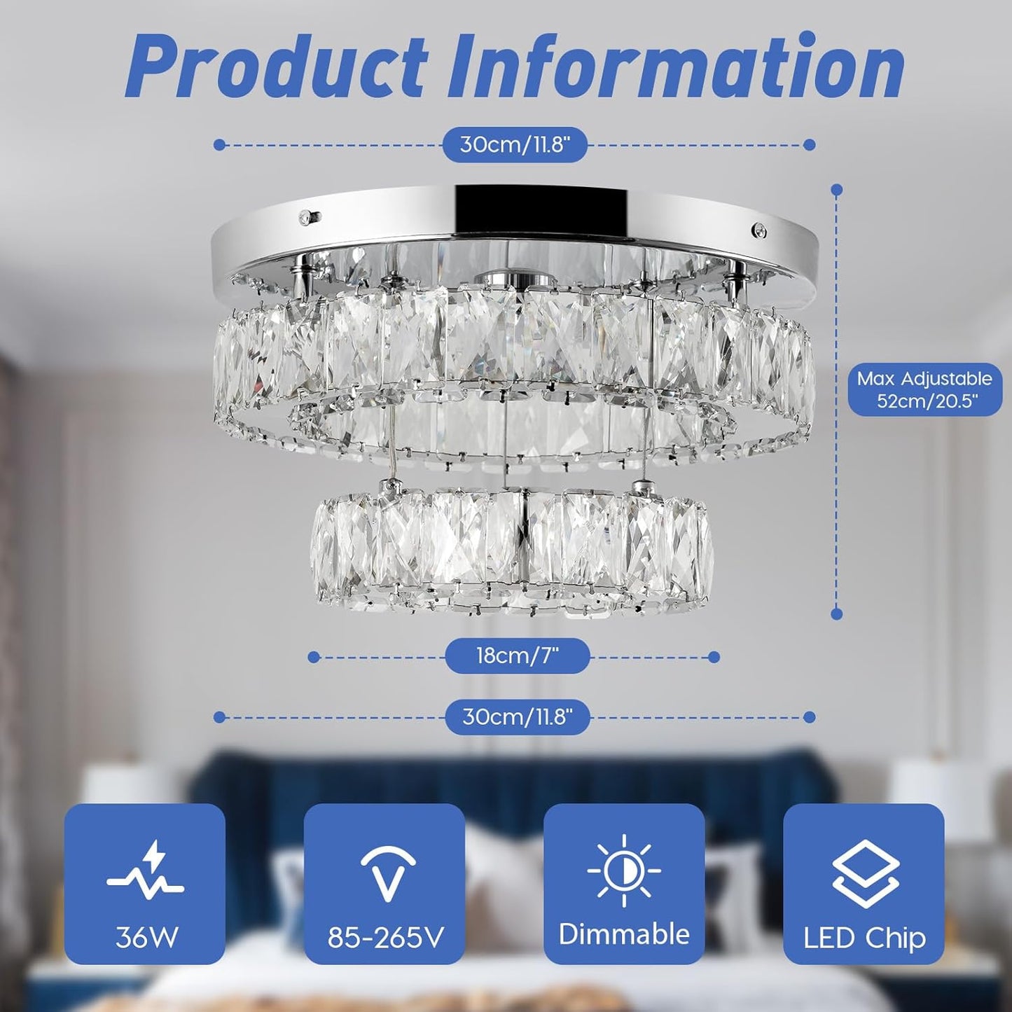11.8 Modern Crystal Chandelier LED Flush Mount Ceiling Light Remote